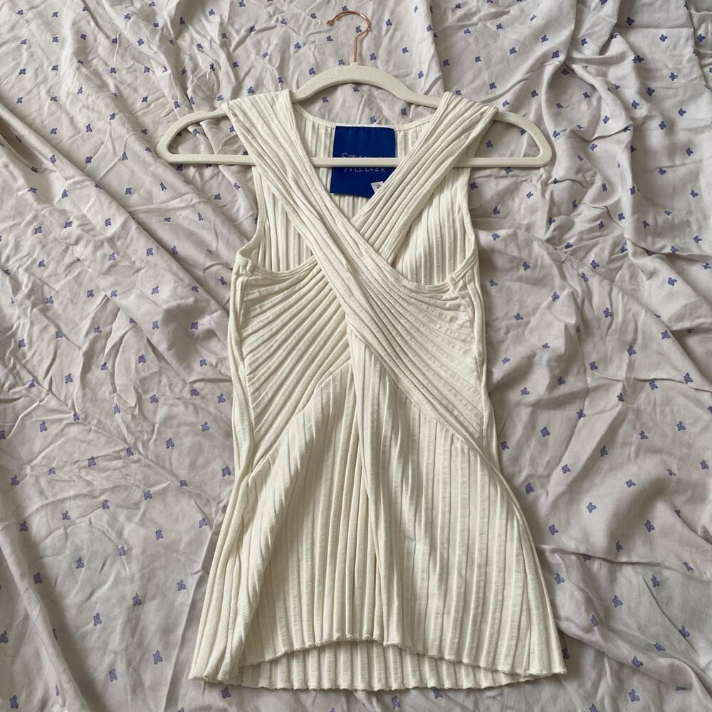 simon miller sample sale cross knit top in white ribbed